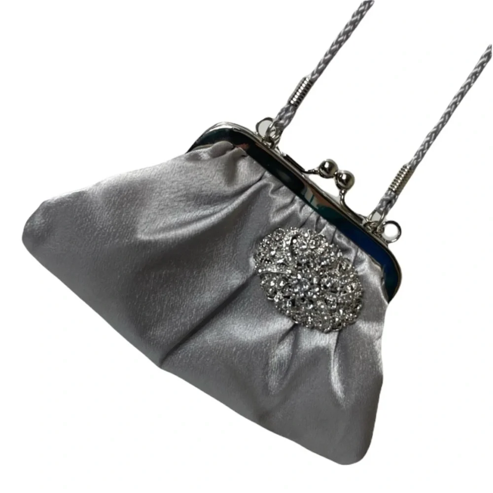 Vintage Purse Silver Rhinestone Jewel Embellished Button Silver Chain Handle Y2K